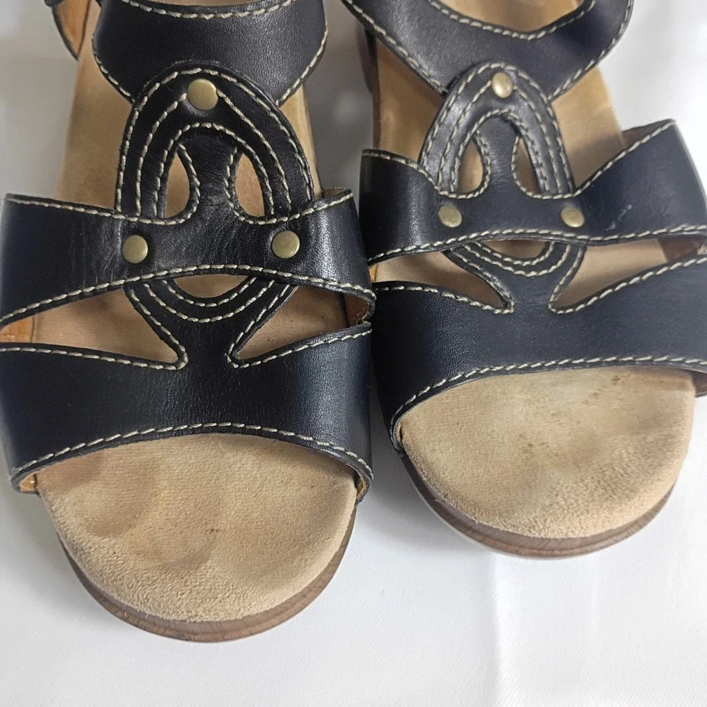 Dansko Sigrid Leather Wedge Sandals Size 39 /US 8.5 Black Strappy Casual Summer